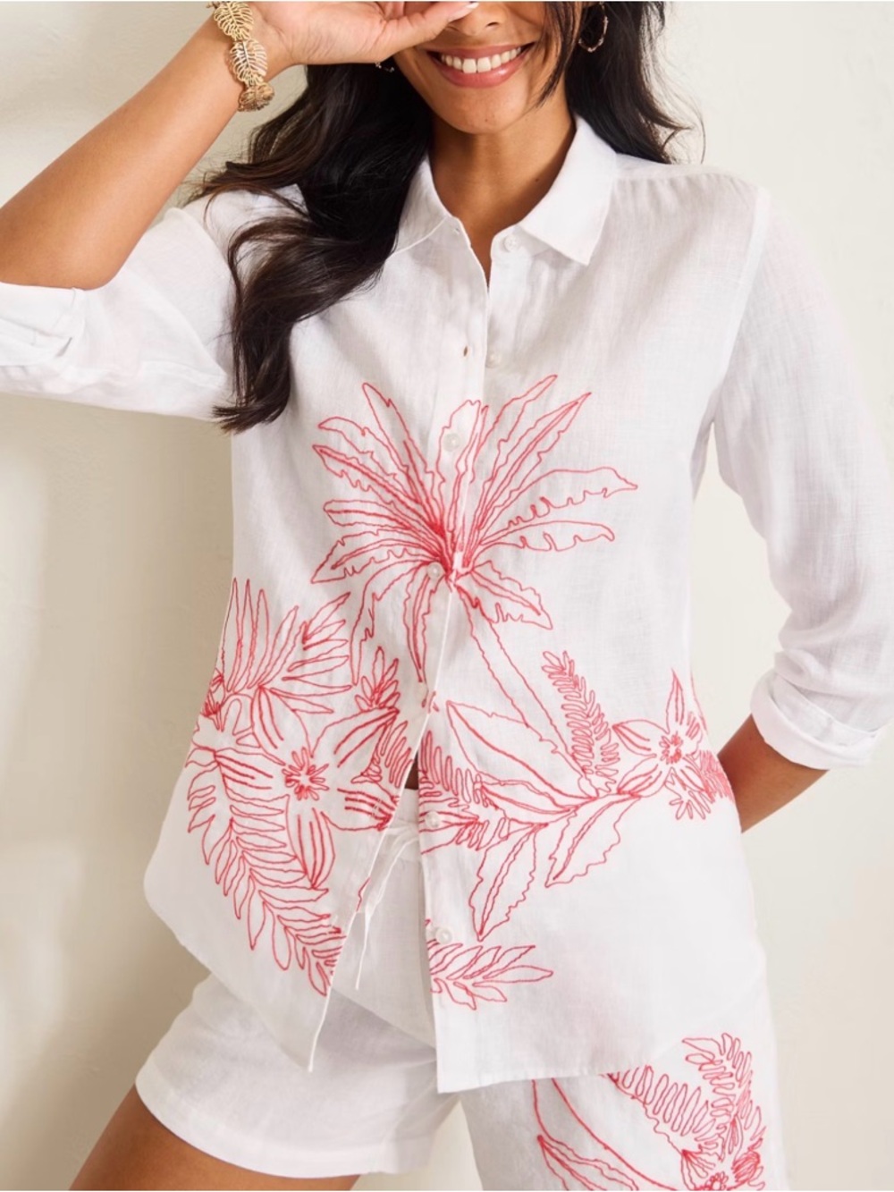 Tommy Bahama Coastalina Portico Palms Button-Down Shirt w/Floral Embroidery